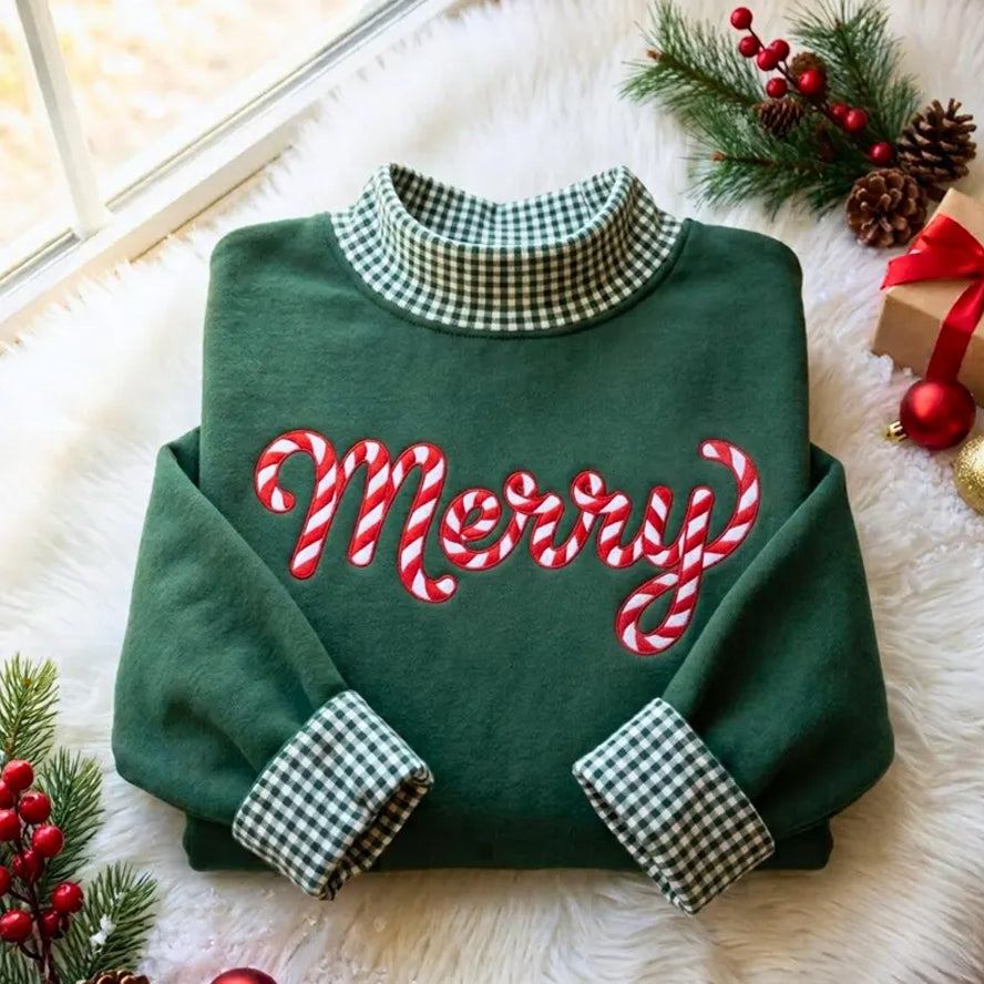 Embroidered Merry Gingham Mockneck Sweatshirt